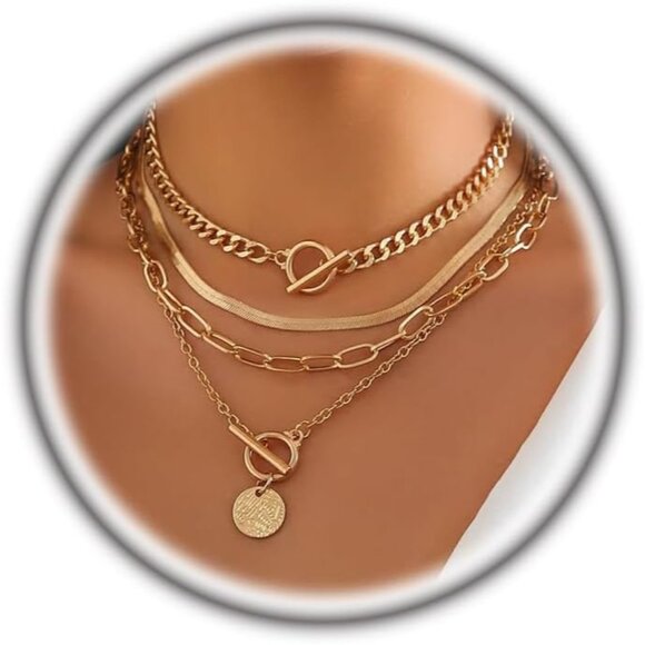 Jewelry - Gold Layered Stack Necklace Set for Women, Retro Thick Cuban Chain Coin Medallio